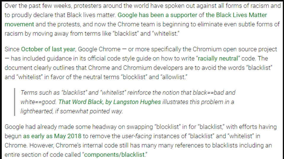 为避免涉及种族歧视，Google 将弃用 blacklist whitelist 等词汇