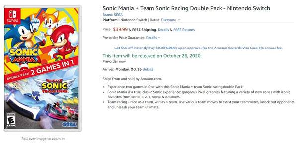 亚马逊上架NS《索尼克狂欢+组队索尼克赛车》组合包