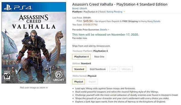 《AC：英灵殿》实体版预购开启 亚马逊PS4版需347元