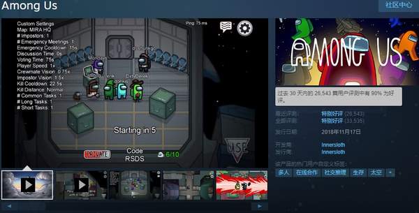 Steam派对游戏《Among US》玩家峰值16万