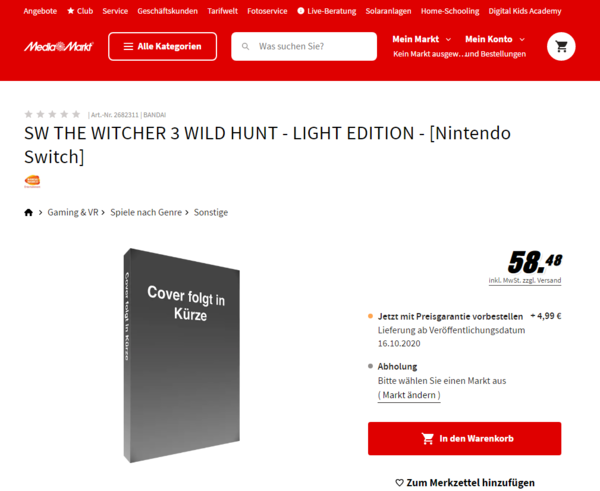 NS《巫师3：狂猎-轻量版》亮相德国零售商详情未知