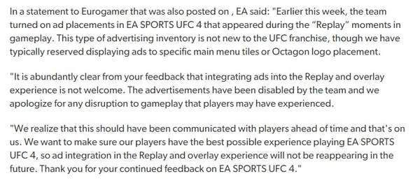 EA《终极格斗冠军赛4》植入全屏广告致歉现已移除