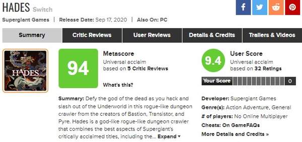 Switch版《哈迪斯》M站均分94一致好评，品质出色