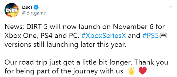 竞速游戏《尘埃5》延迟至11月6日发售