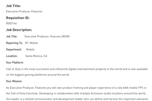 《使命召唤：战区》或出手游版动视招聘相关人才