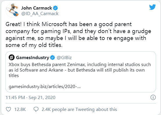 约翰&middot;卡马克支持微软收购B社传奇开发者或因此回归
