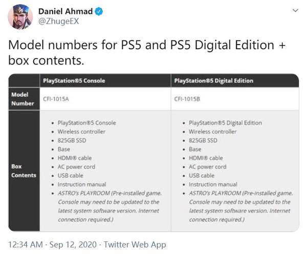 PS5模型编号及盒装内容信息曝光825GB固态硬盘