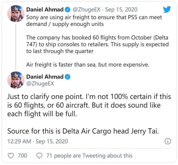 曝索尼预订60趟航班空运PS5主机确保美国地区供货