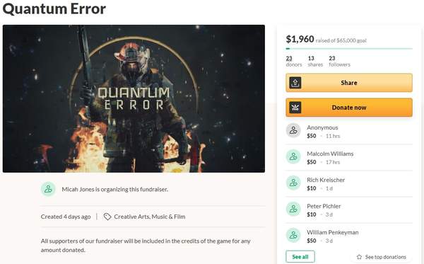 《量子误差》开启众筹目标6.5万美元用于动捕和配音