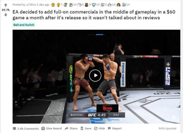 网友指责EA在《UFC4》插入全屏广告售后无预兆追加