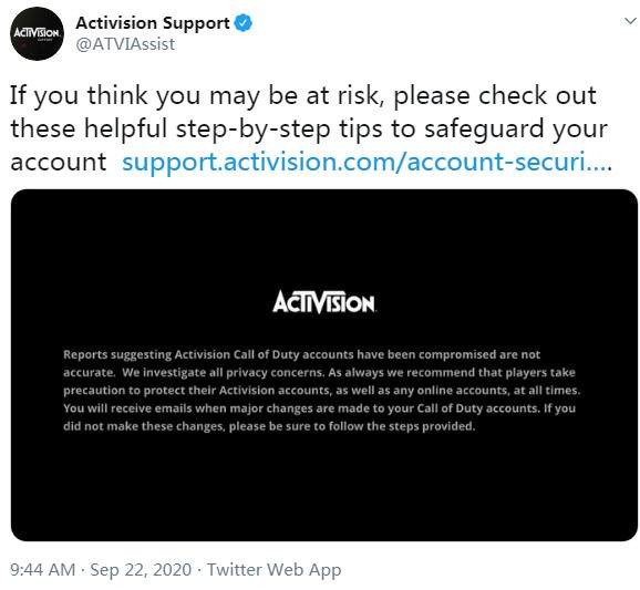 动视超过50万个账号遭黑客入侵官方呼吁玩家改密码