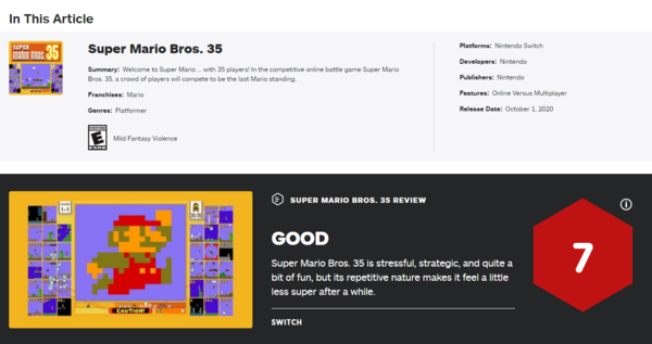 《超级马里奥兄弟35》IGN 7分初始新鲜重复关卡无趣