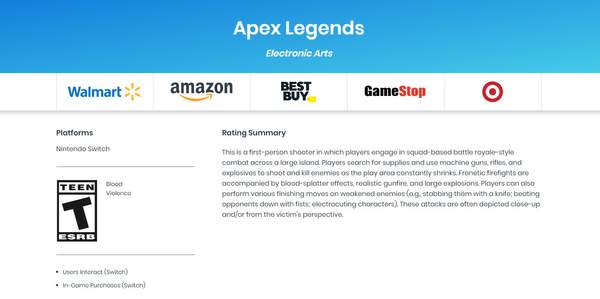 Switch版《Apex英雄》ESRB评级曝光 T级血液飞溅