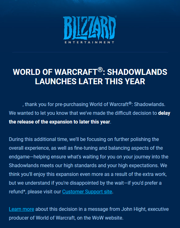《WOW》“暗影国度”预购玩家可退款