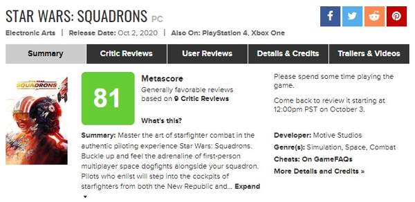 《星战：战机中队》M站均分81一致好评