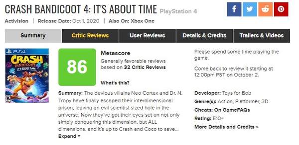 《古惑狼4：时机已到》M站均分86好评如潮